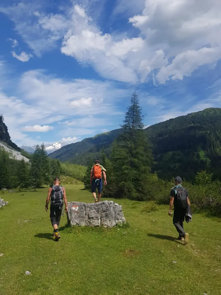 Drei Wanderer spazieren durch die Wiese, einer ist auf einem Felsen